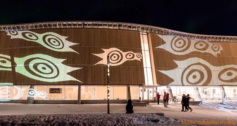 Exterior of the  Katuaq Cultural Centre of Nuuk at night with illumination. City Tour - Greenland