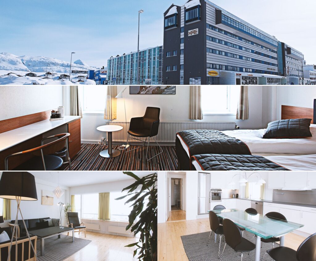 Montage of images showing the exterior and interior of the Hotel Hans Egede and apartments - Nuuk, Greenland