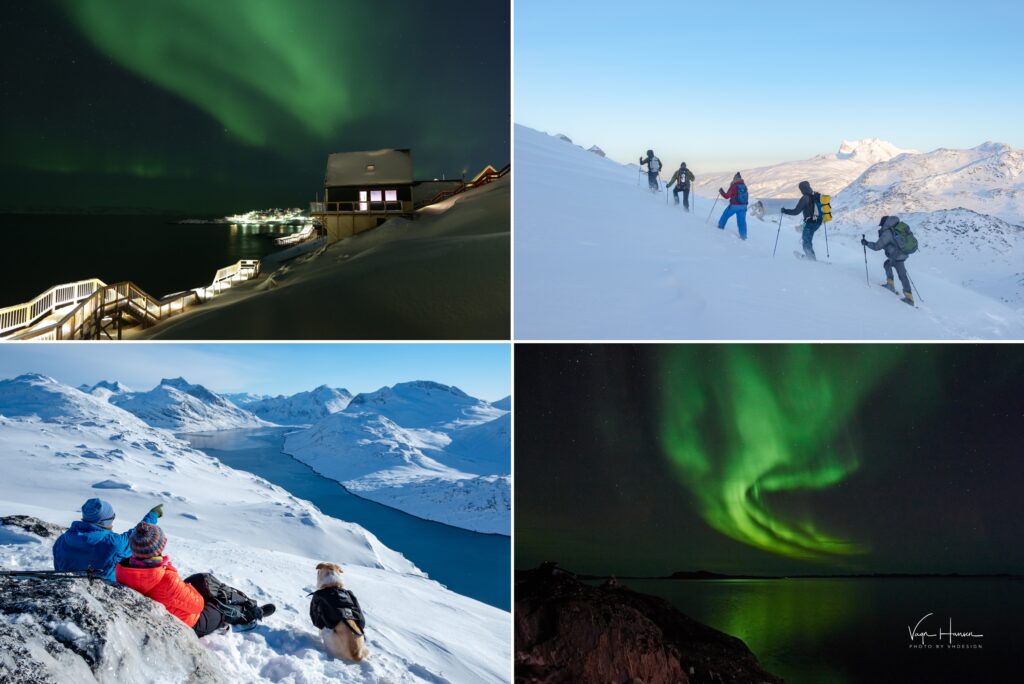 Montage of images of the Northern Lights and snowshoeing excursions near Nuuk - Winter in Greenland