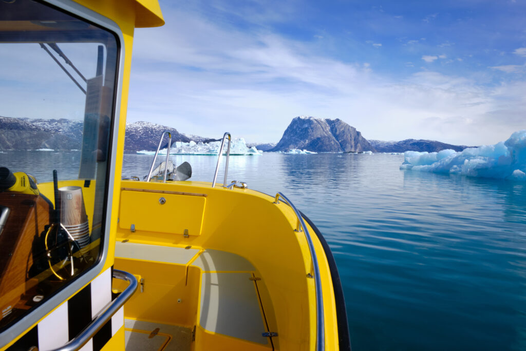Approaching the entrance to the Nuuk Icefjord on a boat tour with Guide to Greenland