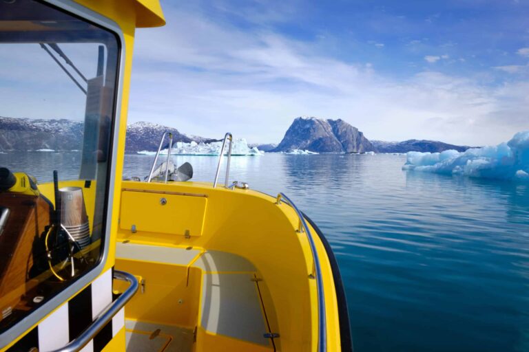 Approaching the entrance to the Nuuk Icefjord on a boat tour with Guide to Greenland