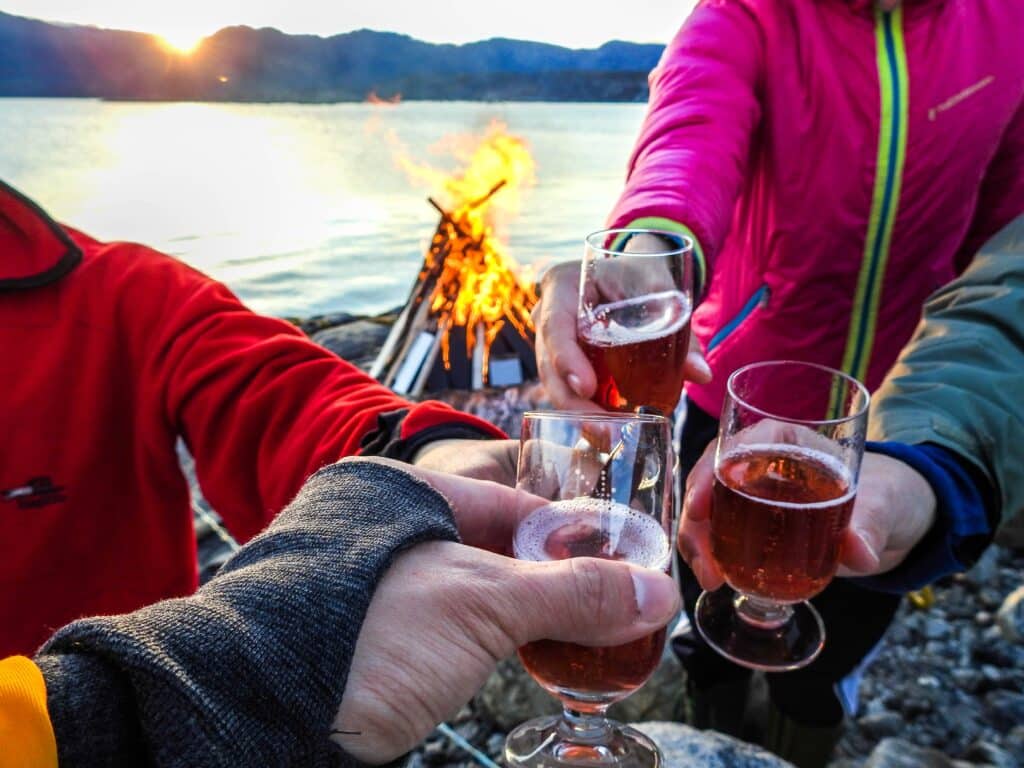 People toasting in front of a beach bonfire