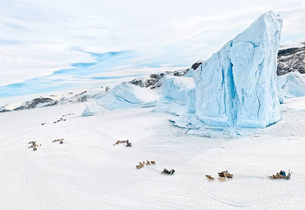 Dog sledding on frozen sea ice