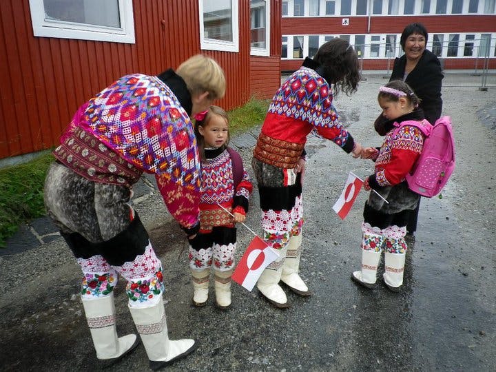 Greenlandic people in their national costumes