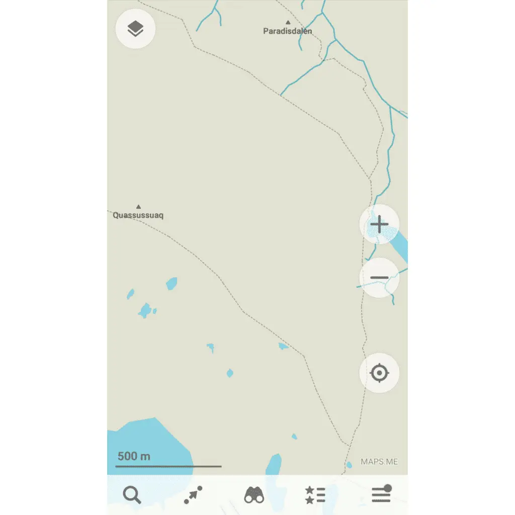 Screenshot of Maps.Me showing hiking routes near Nuuk