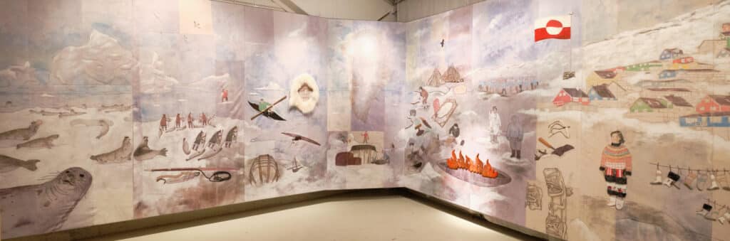 Mural display at Great Greenland of the importance of seals and sealskin in Greenlandic culture