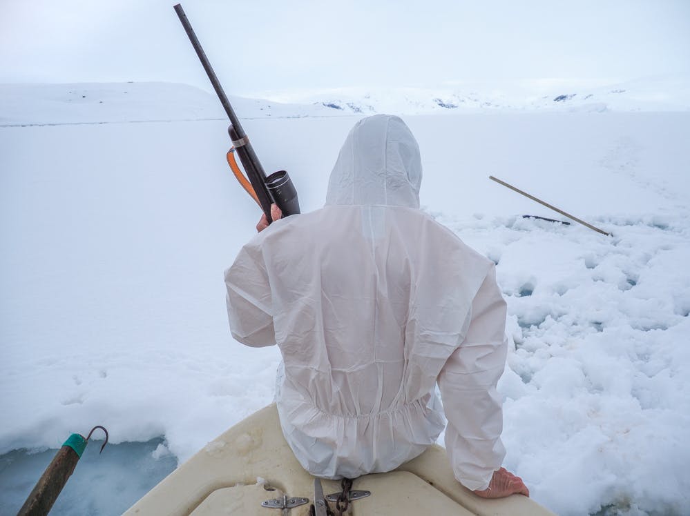 Seal hunter getting on land