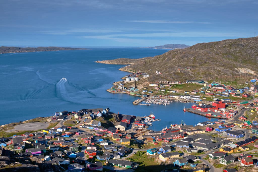 Aerial view of Qaqortoq from a high mountain viewpoint in the summer