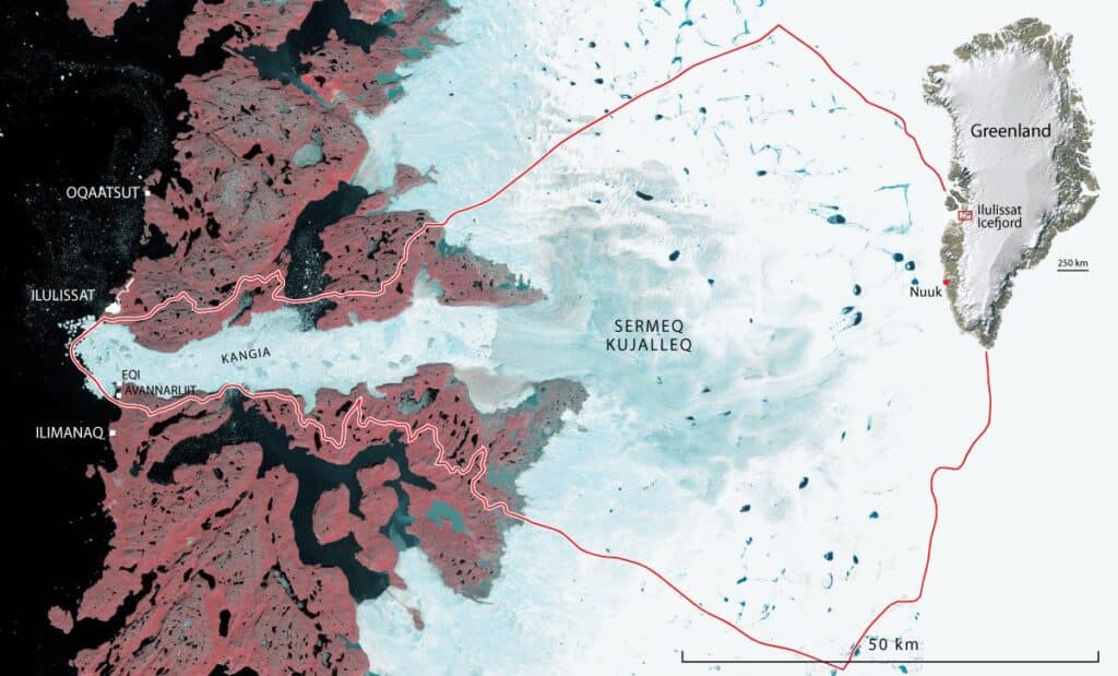 From GEUS: Map of Ilulissat Icefjord and surrounding region. The red line marks the limit of the World Heritage Site.