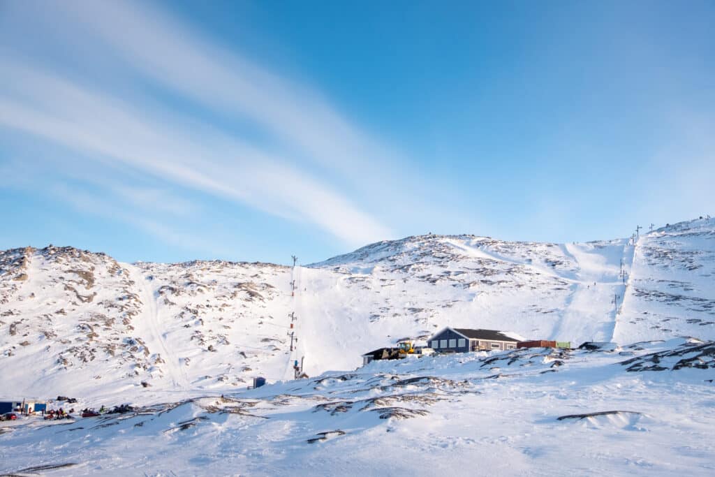 Sisorarfiit Ski Center and some of the ski runs going up Quassussuaq - Lille Malene - near Nuuk - winter - Guide to Greenland
