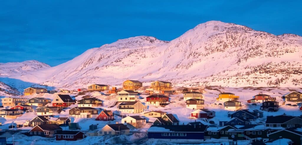 Sunset over Store Malene from central Nuuk - winter - Guide to Greenland