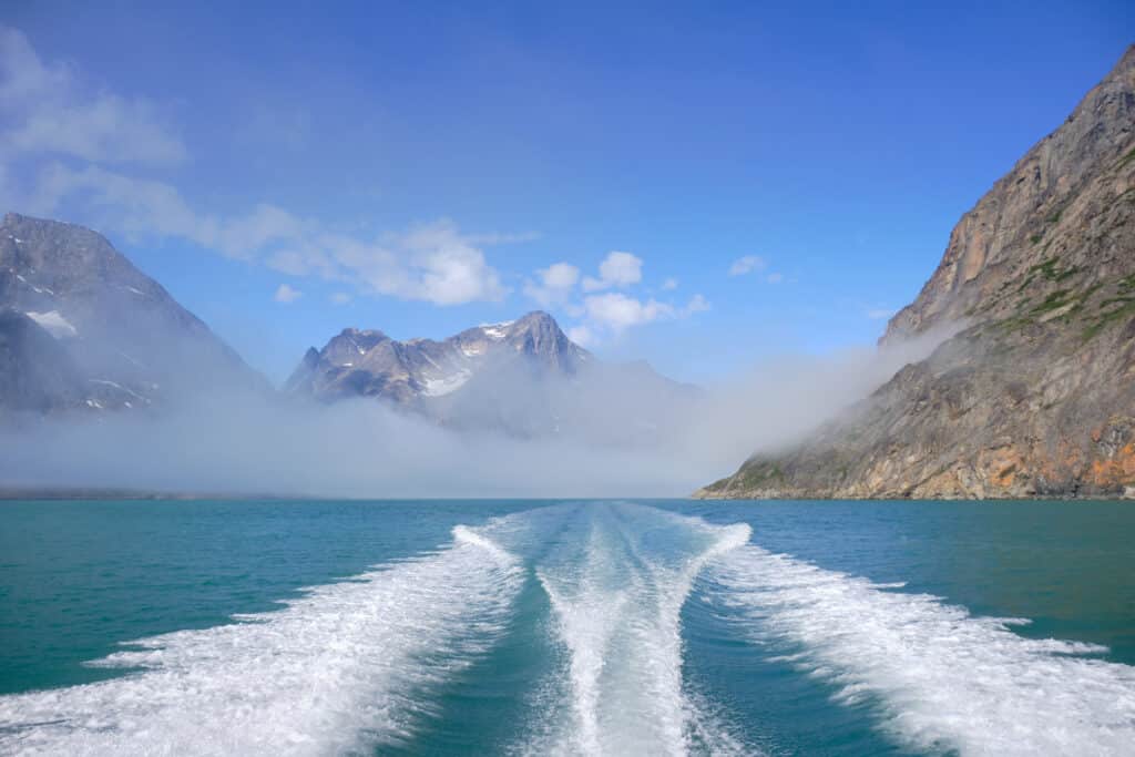 Breaking free of the fog on a boat tour to the Eternity Fjord near Maniitsoq