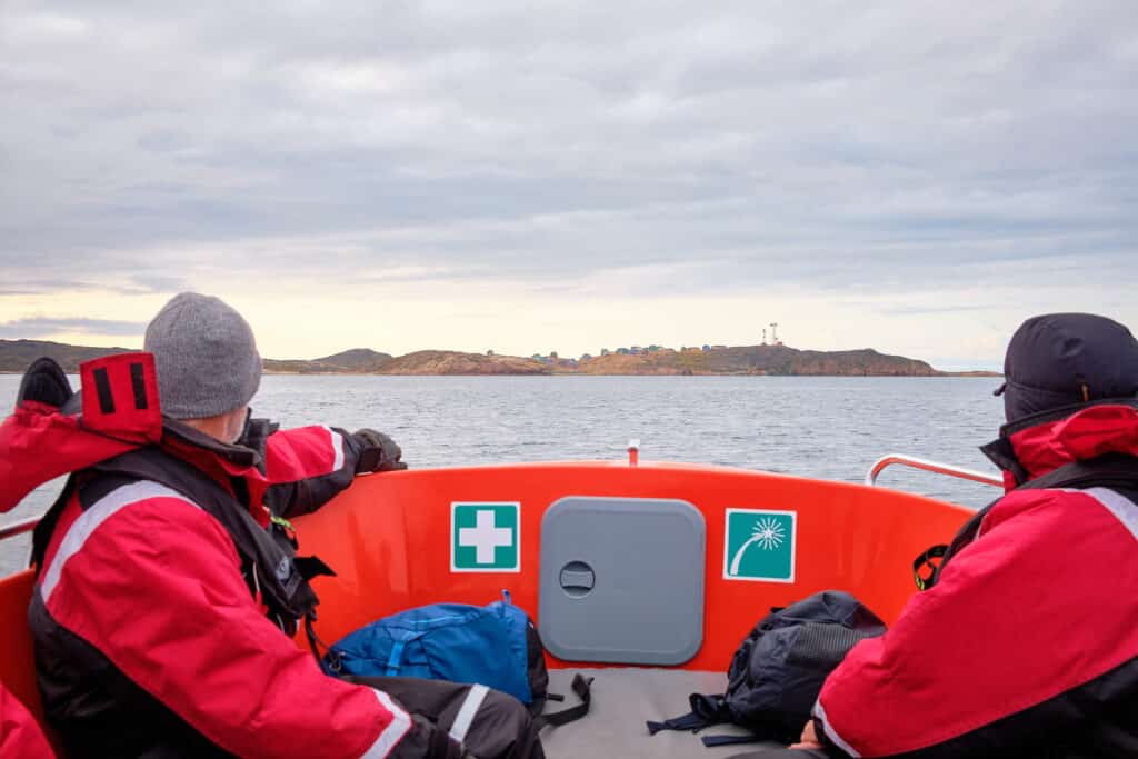 Approaching Akunnaaq settlement near Aasiaat on a boat tour