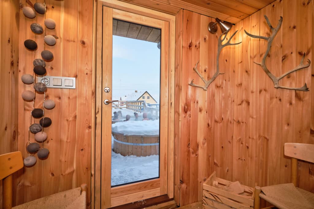 Looking out the door of the Arctic Sauna Spa at the Hotel Sismiut