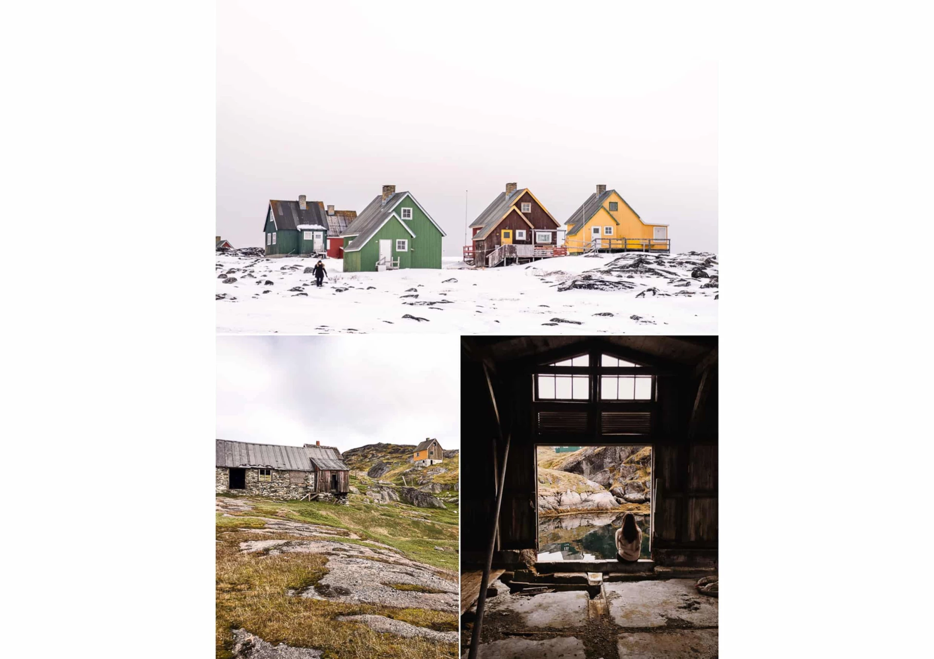 Montage of maintained and derelict houses of Qoornoq (top) and Kangeq (bottom) in the Nuuk Fjord