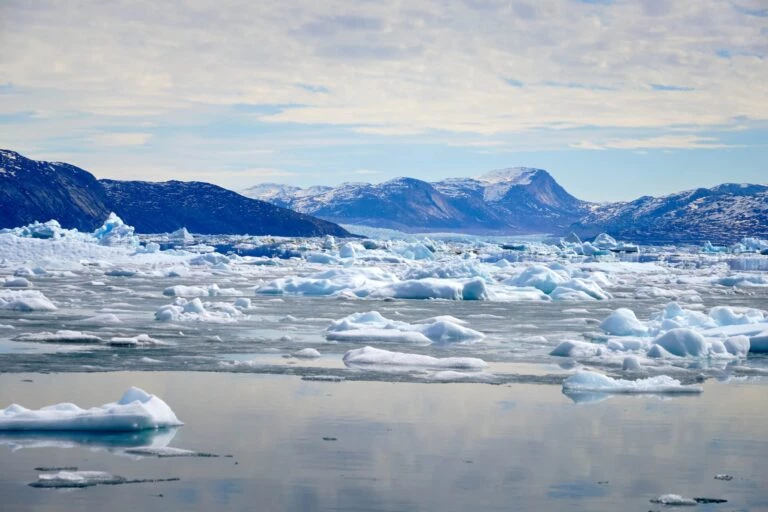 Ice and a massive glacier near the start of the Nuuk Icefjord on a boat tour with Guide to Greenland