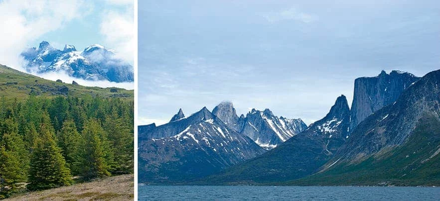 Pictures of landscape in the south of Greenland, tall steep mountains and tall trees