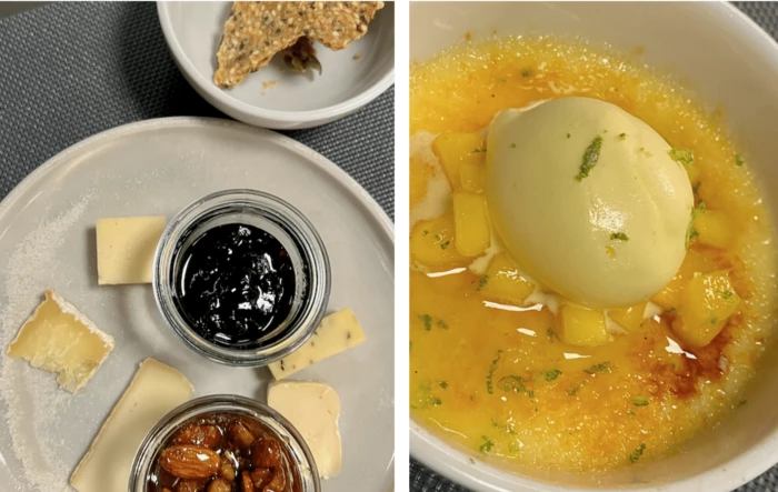 Eksempel på desserter; Udvalgte oste med hjemmelavet tilbehør og Crème brûlée med mango, lime og vaniljeis